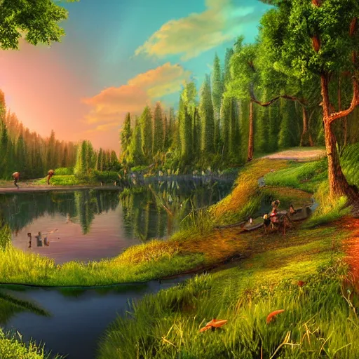 Image similar to looking at a very detailed, highly rendered, as photorealistic as possible, lively, warm, wonderful, friendly lake in the middle of a very vegetated forest in a fantasy world, during a colorful sunraise