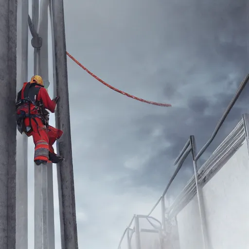 Image similar to rope access technician, extreme cold, cloudy weather, octane render, volumetric lightning, hyperrealistic, cgi, - q 2, 8 k