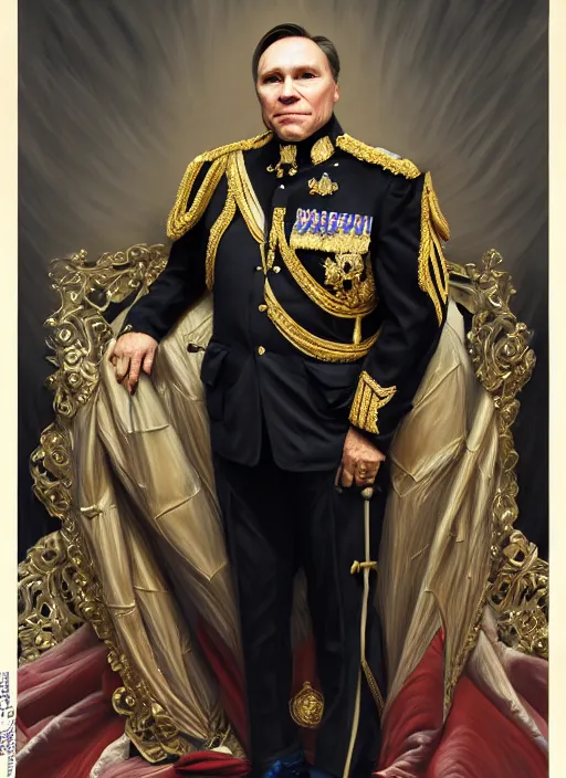 Image similar to portrait of supreme leader quebec premier francois legault, royalty, extravagant, lord, full body, military uniform, quebec flag french lily flower, fantasy, intricate, elegant, beautiful, highly detailed, charcoal, centered, dark, smokey, digital painting, artstation, concept art, art by artgerm and greg rutkowski and alphonse mucha