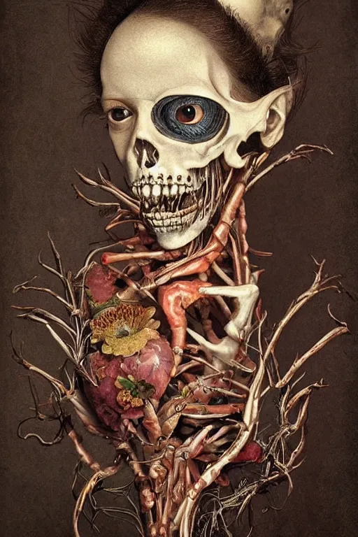 Image similar to Detailed maximalist portrait with large lips and eyes, scared, botanical skeletal with extra flesh, HD mixed media, 3D collage, highly detailed and intricate, surreal illustration in the style of Caravaggio, dark art, baroque