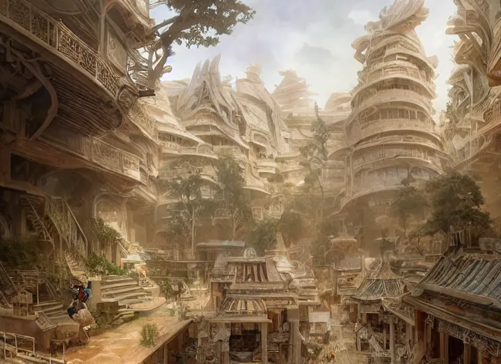 Image similar to A wide open courtyard in a beautiful elven city made of ivory, anime, Singaporean gets nuked and turned into a radioactive wasteland terraces, intricate, elegant, luxurious, digital painting, concept art, smooth, sharp focus, from Star Trek 2021, illustration, by WLOP and Ruan Jia and Mandy Jurgens and William-Adolphe Bouguereau, Artgerm