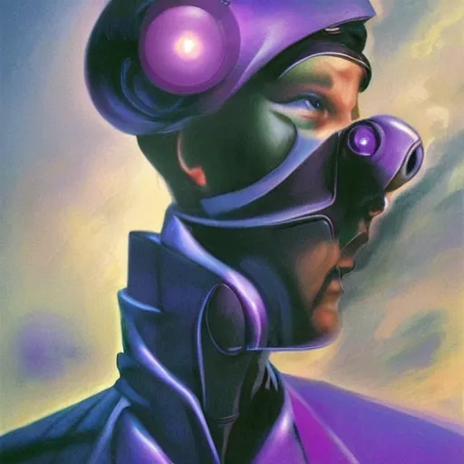 Image similar to steampunk android that emits purple fog, by alex ross