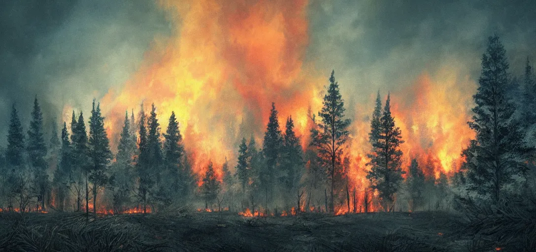 Prompt: full portrait of a forest fire on the horizon, inferno, smoke, flames, dark, gloomy, horror, screaming, a small farm is burning in the distance, insanely detailed, photorealistic, cinematic, dramatic lighting,