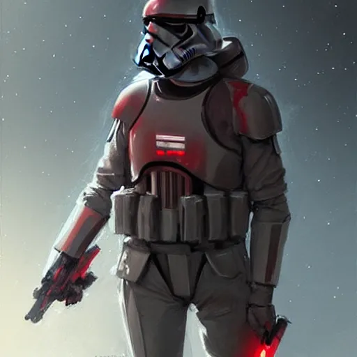 Image similar to star wars concept art by greg rutkowski, soldier wearing the gray and red colored galactic federation tactical gear, highly detailed portrait, digital painting, artstation, concept art, smooth, sharp foccus ilustration, artstation hq