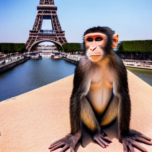 Image similar to high quality portrait of a monkey in front of eiffel tower, studio photograph, photograph, realistic photo, 8k photo, 4k photo, stock photo, high resolution, cinematic shot, high detail