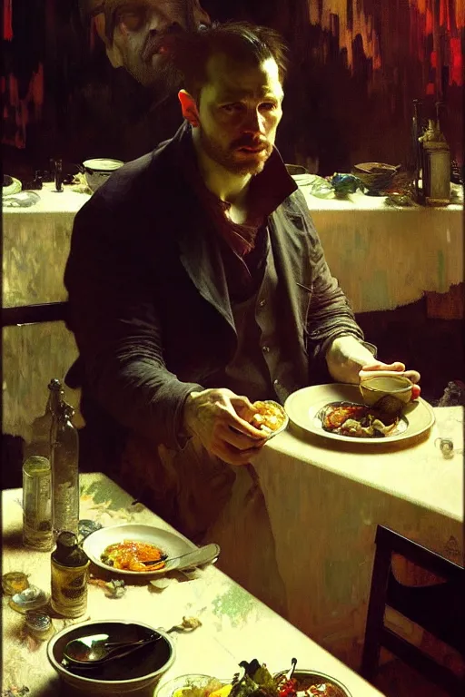 Image similar to hyperrealist portrait of a man eating dinner. by jeremy mann and alphonse mucha, fantasy art, photo realistic, dynamic lighting, artstation, poster, volumetric lighting, very detailed faces, 4 k, award winning