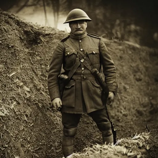 Prompt: Thanos as a soldier, ww1 trench, war photo, film grain