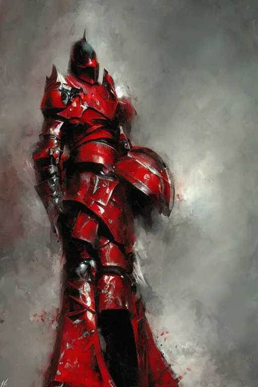 Prompt: crusade paladin in red and black armor painting, henry asencio, craig mullins, greg ruthowski