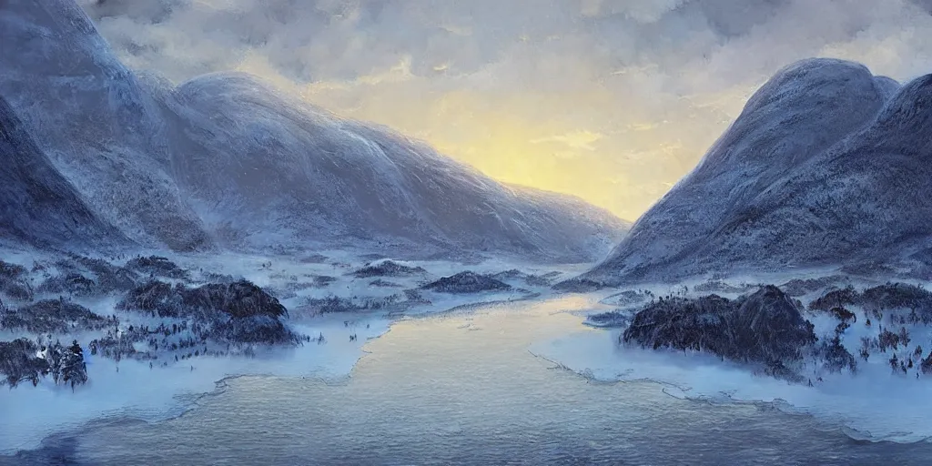 Prompt: “snow covered fjords in norway at dawn by Alena Aenami and Marc Simonetti, matte painting, Hudson River school”