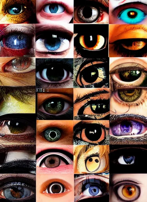 Image similar to grid montage of eyes, square dilated pupils, detailed colored textures, eyelashes, advanced art, art styles mix, from wikipedia, wet reflections in eyes, sunshine light, hd macro photograph, from side, various eyelid positions, square black pupil centered