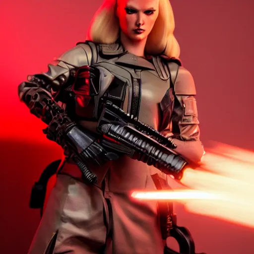 Image similar to close up of evil futuristic dystopian regime soldier, plasma gun, angry, blonde hair, human, female, concept design, contrast, hot toys, kim jung gi, greg rutkowski, zabrocki, karlkka, jayison devadas, trending on artstation, 8 k, ultra wide angle, pincushion lens effect, red and black color scheme