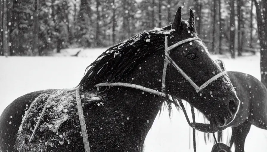 Image similar to 1 9 6 0 s movie still close up of marcus aurelius + horse both frozen to death under the snow by the side of a river with gravel, pine forests, cinestill 8 0 0 t 3 5 mm b & w, high quality, heavy grain, high detail, texture, dramatic light, anamorphic, hyperrealistic, detailed hair, foggy