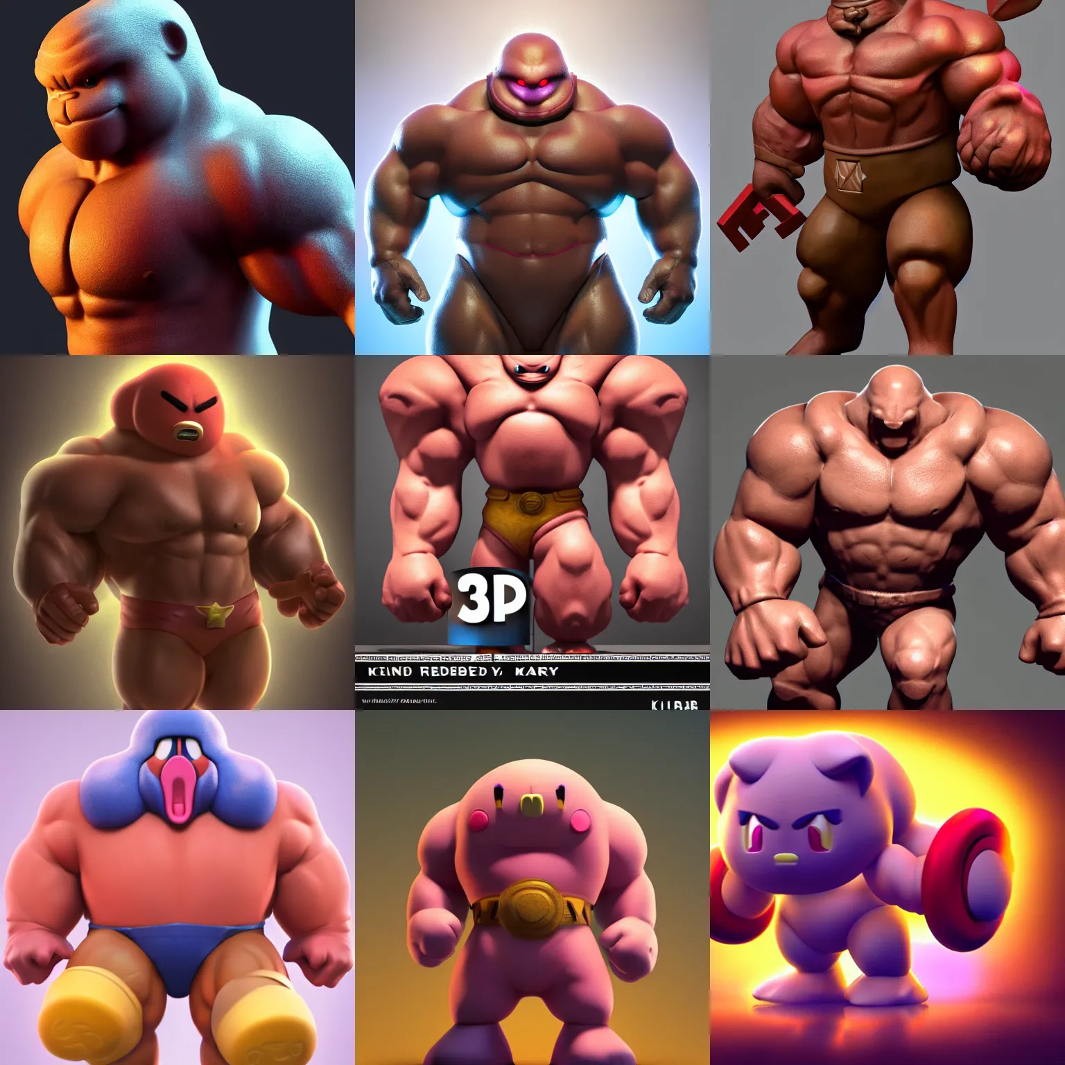 Prompt: Kirby!!! with a strong body and strong arms, render, unreal, studio lighting, blender, trending on artstation, 8k, highly detailed