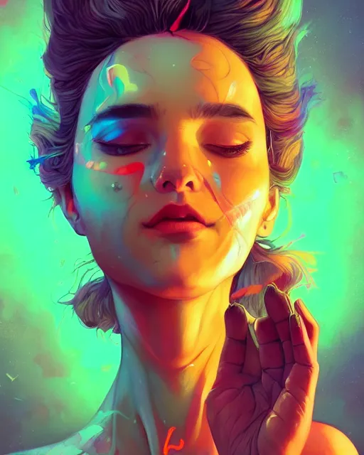 Image similar to lsd, acid trip, a beautiful woman with ( cat ) features, dramatic lighting, by lois van baarle, artgerm, wlop, greg rutkowski, ultra detailed colorful repeating fractals in the background by moebius, beeple, artstation