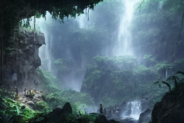 Prompt: a matte painting of a giant crystal skull in an underground cave , overgrown jungle , waterfalls , gorgeous composition , trending on artstation , in the style of greg rutkowski