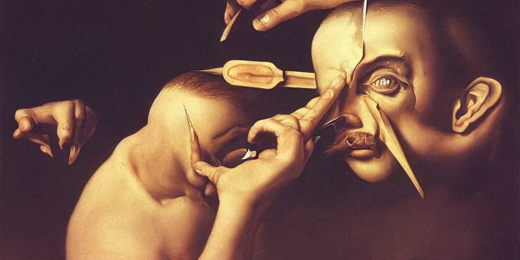 Image similar to a man removing a nail from his third eye by dali