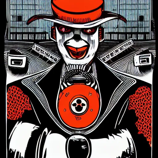 Image similar to Illustrated by Shepard Fairey and H.R. Geiger | Cyberpunk Clown Vampire with VR helmet, surrounded by cables