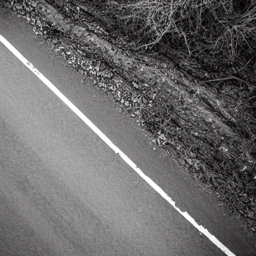 Prompt: topdown picture of an old abandoned cracked road