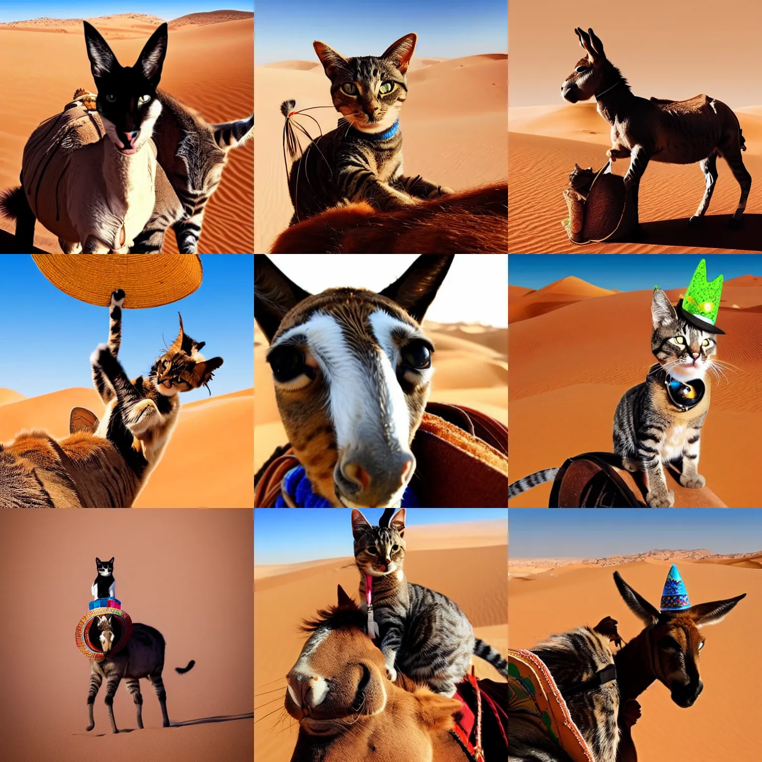 Prompt: photo of a cat with a sombrero on his head riding on top of a donkey in the middle of the sahara desert