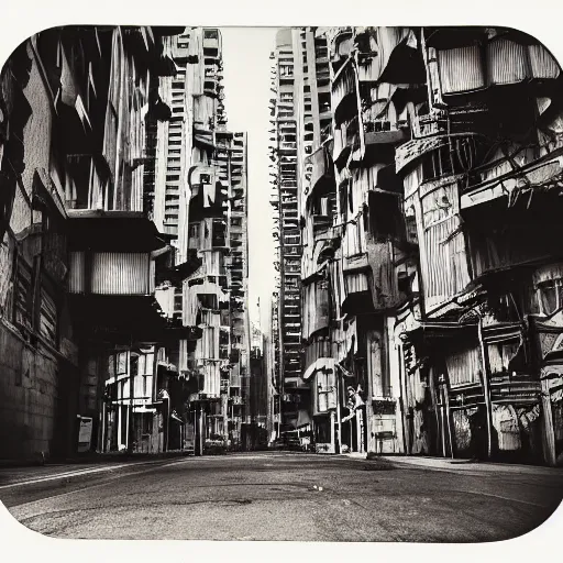 Image similar to daguerrotype photograph of cyberpunk city street, futuristic buildings, advanced cars, daguerrotype, grainy photograph