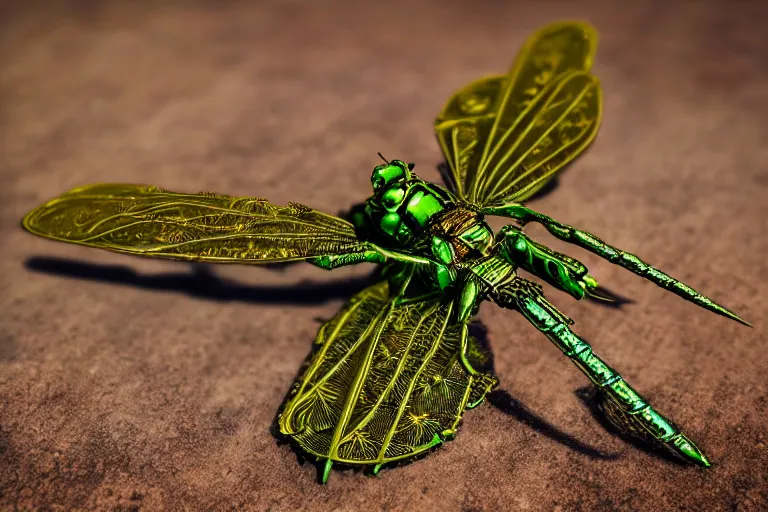 Image similar to armored dragonfly with filigree wings on a green leaf, steampunk style, octane renderer, macro shot, highly detailed, ultra realistic 4K, depth blur