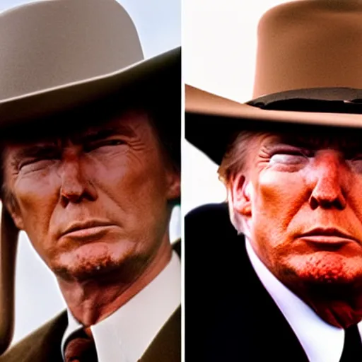 Prompt: donald trump as clint eastwood squinting at high noon in the style of a clint eastwood movie, the good, the bad and the ugly, clint eastwood, steven seagal, bud spencer, donald trump, glory days, patriotism