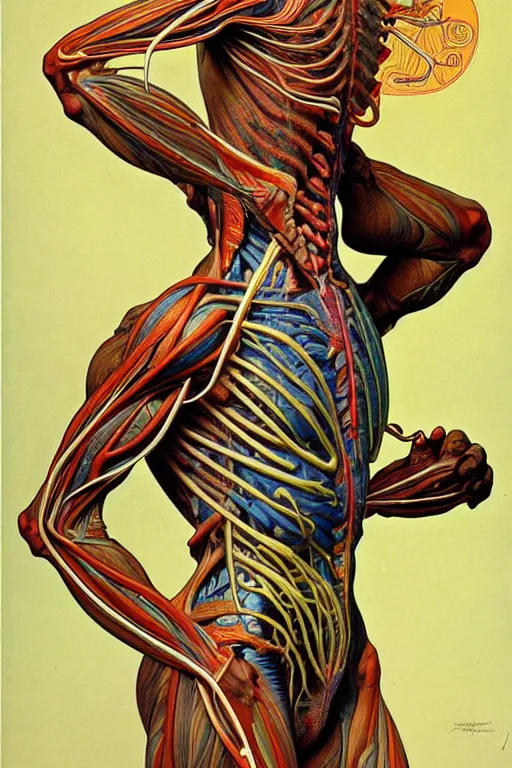 Image similar to extremely psychedelic anatomically accurate model of the ful cyborgl human muscular system infected by night, full body, intricate parts, fine details, hyper - realistic, elegant minimalism. sharp focus. lush color by seichen, alphonse mucha, surreal