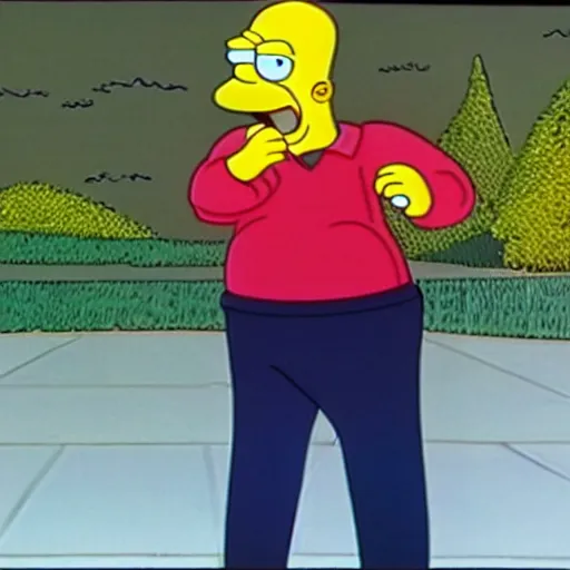 Image similar to a still of a public acess tv show of a man poorly dressed like homer simpson