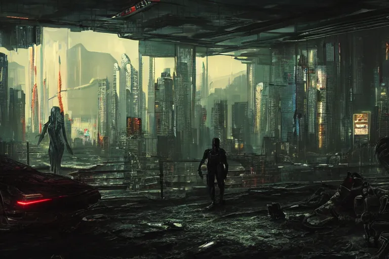 Image similar to cyberpunk landscape of hell with people suffering and ghost, futuristic look, highly detailed body, very powerful, photorealistic camera shot, bright studio setting, studio lighting, crisp quality and light reflections, unreal engine 5 quality render