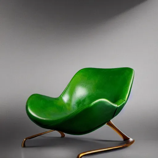 Image similar to an avacado chair, an armchair that looks like an avacado with green leather and seed yolk, award winning design, studio lighting, advanced photography, beautifully lit