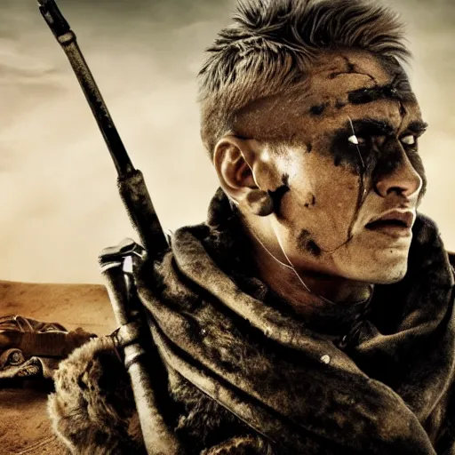 Image similar to xqc as a warlord in mad max fury road, 4k, high detail, high-resolution photograph, professional photography, ultra-detail