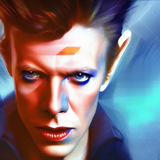 Image similar to young David Bowie, techwear, android, abstract album cover, artists portrait, highly detailed, digital painting, concept art, sharp focus, depth of field blur, illustration, art by artgerm and greg rutkowski and alphonse mucha