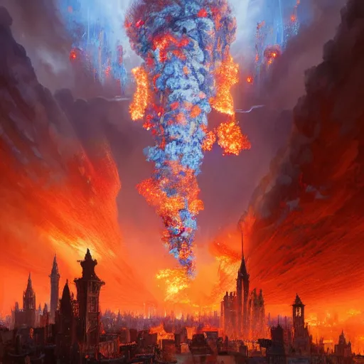 Prompt: A hyper detailed painting of a medieval city being bombarded with flaming rocks, a blue fire tornado in the centre of it destroying the city, dark fantasy, by Greg Rutkowski, trending on artstation