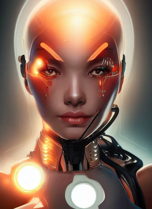 Image similar to portrait of a cyborg woman by Artgerm, (((((face turns left))))) (((((face turns right))))), eyes closed , biomechanical, hyper detailled, trending on artstation