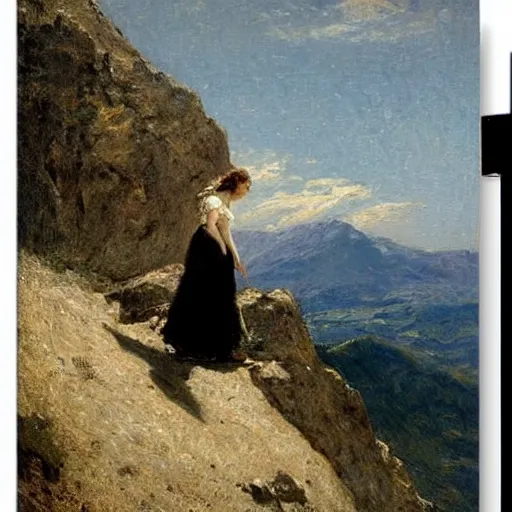 Image similar to a young woman climbing a mountain, by alfred stevens