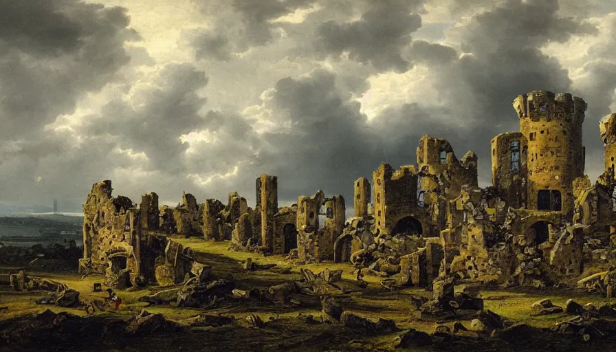 Prompt: huge castle in ruins, ruined castle, castle ruins with a dark cloudy stormy sky, striking landscape, dramatic scene during the first anglo - dutch war painted by jan beerstraaten