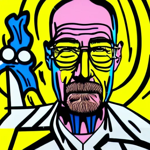 Image similar to multicolor 3 d render of walter white graffiti wearing yellow outfit by roy lichtenstein in 4 k ultra high resolution, with depressive feeling