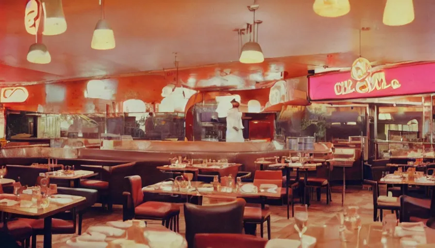 Image similar to 70s movie still of a restaurant , cinestill 800t Technicolor, heavy grain, high quality, criterion collection, liminal space style