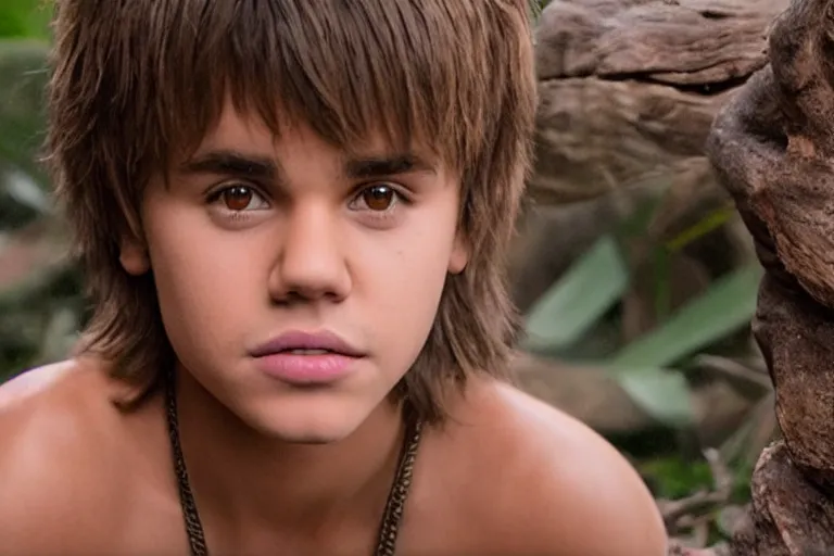 Image similar to justin bieber plays mowgli in the live action adaptation of the jungle book, red weapon 8 k s 3 5, cooke anamorphic / i lenses, highly detailed, cinematic lighting