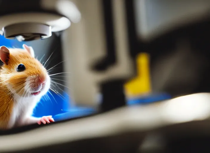 Image similar to film still of a hamster working in a research lab using a tiny microscope, 8 k