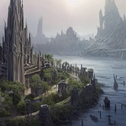 Prompt: an ultra detailed matte painting of the one impossibly tall black spire in the palace district on an island in a river elevated high above a fantasy town, fantasy, ultrawide lense, aerial photography, volumetric lighting, exquisite detail, octane render, 8 k postprocessing, art by brandon sanderson and robert jordan and artgerm and greg rutkowski and alphonse mucha