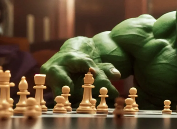 Image similar to film still of hulk playing chess in the new avengers movie, 4 k