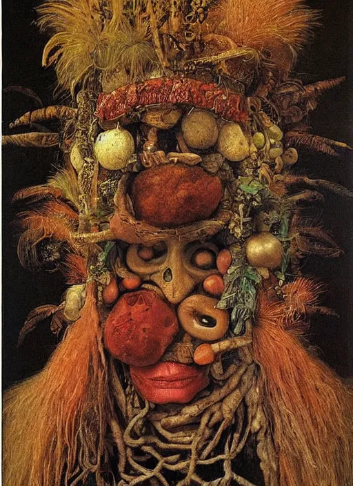 Prompt: a ((surreal)) painting of a shaman's face, by Giuseppe Arcimboldo, symbolist, soft colors, dramatic lighting, smooth, sharp focus, extremely detailed, aesthetically pleasing composition