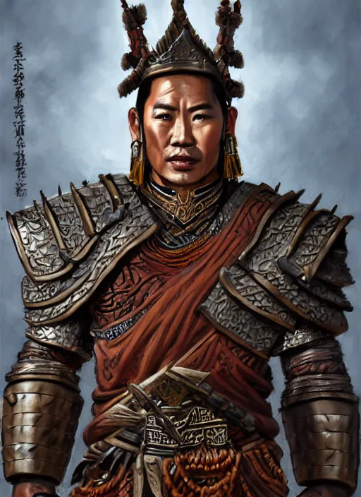 Image similar to tai warlord, portrait, pose as king ramkhaheang monument, historical, ethnic group, traditional tai costume, bronze headset, leather shoulder armor, fantasy, intricate, with leather armor cross onbare chest, elegant, loin cloth, highly detailed, oill painting, artstation, concept art, matte, sharp focus, illustration, hearthstone, art by earl norem