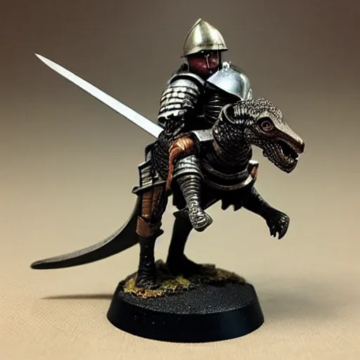 Image similar to Warhammer mini of medieval english knight with sword riding a dinosaur