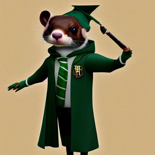 Image similar to a anthropomorphic ferret is dressed as a hogwarts student in slytherin robes, hyperdetailed, artstation, cgsociety, 8 k