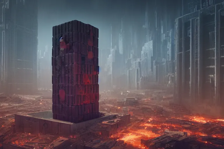 Image similar to A dystopian future in a city made of life-size Jenga blocks, evil, demonic, angelic, environment concept, Rendered in Octane, trending on artstation, cgsociety, moody lighting rendered by octane engine, environment 8K artstation, cinematic lighting, intricate details, 4k detail post processing, hyperealistic, octane render, photo realism