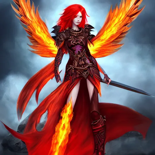 Prompt: fantasy concept art, winged! red hair woman!! flaming sword!!! ( ( ( plate armor ) ) ) ( ( ( ( devilish smile ) ) ) ), 4 k, painting