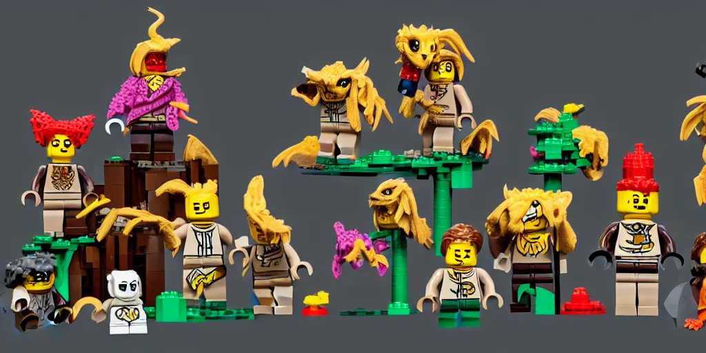 Prompt: characters from the magical lego imagination forest called critters, they are made out of individual bricks and look cute, sharp focus, moebius, character sheet, game concept art, brush work