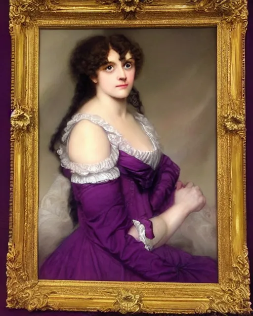 Prompt: regency portrait en buste of annasophia robb violet beauregarde leslie burke by Hughes Merle, by Pierre Auguste Cot, perfectly detailed eyes, realistic fabric, abundant detail